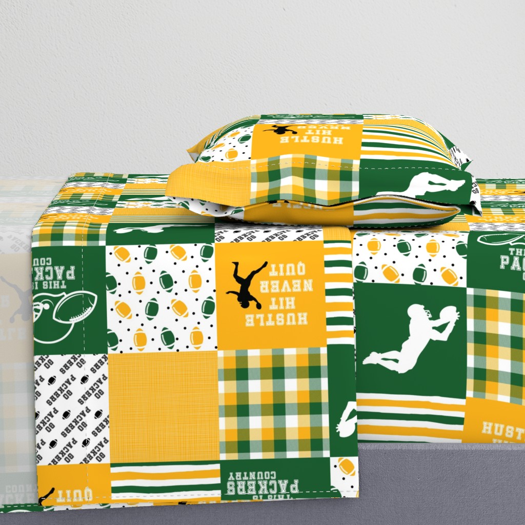 Football//Hustle Hit Never Quit - Packers - Wholecloth Cheater Quilt - Rotated