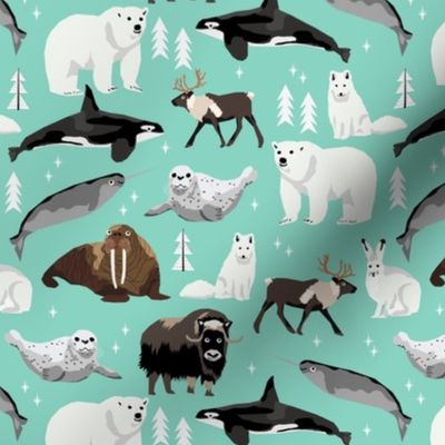 arctic animals (smaller) narwhal polar bear seal whale nature kids nursery fabric teal