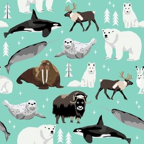 arctic animals (smaller) narwhal polar bear seal whale nature kids nursery fabric teal