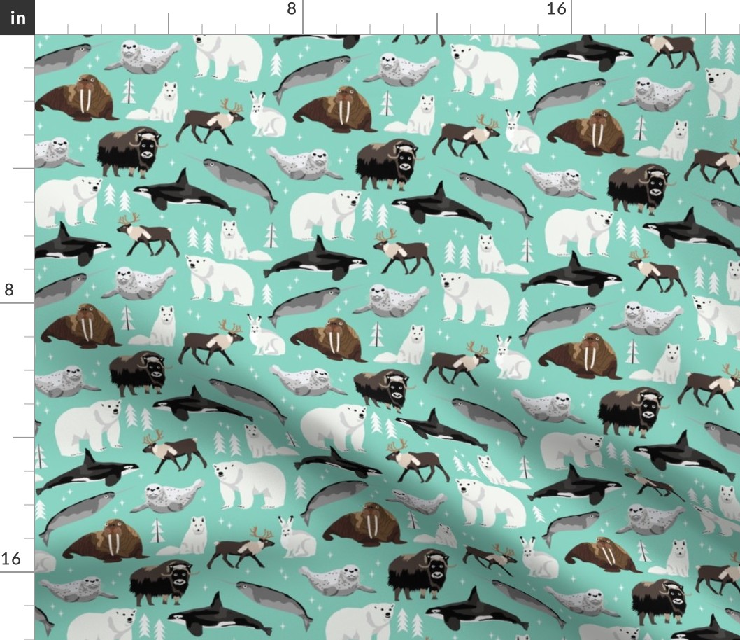 arctic animals (smaller) narwhal polar bear seal whale nature kids nursery fabric teal