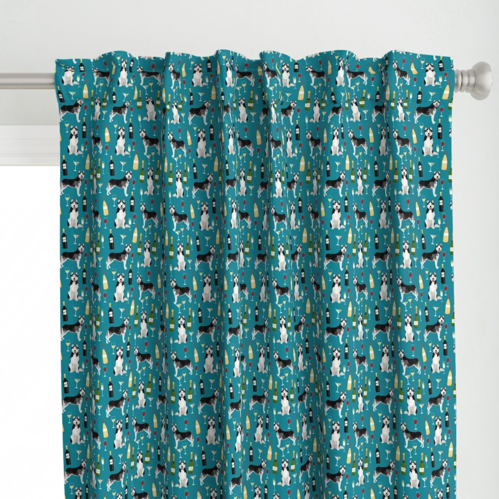 husky wine cocktails dog breed fabric teal