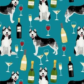 husky wine cocktails dog breed fabric teal