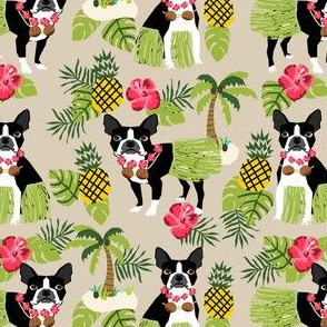 boston terrier hula tropical hawaii islands dog breed fabric tan