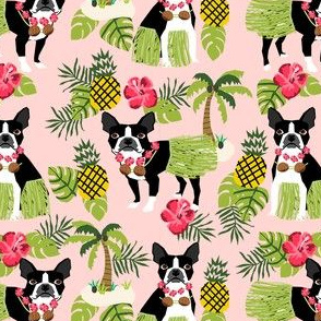 boston terrier hula tropical hawaii islands dog breed fabric pink