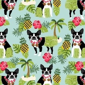 boston terrier hula tropical hawaii islands dog breed fabric green