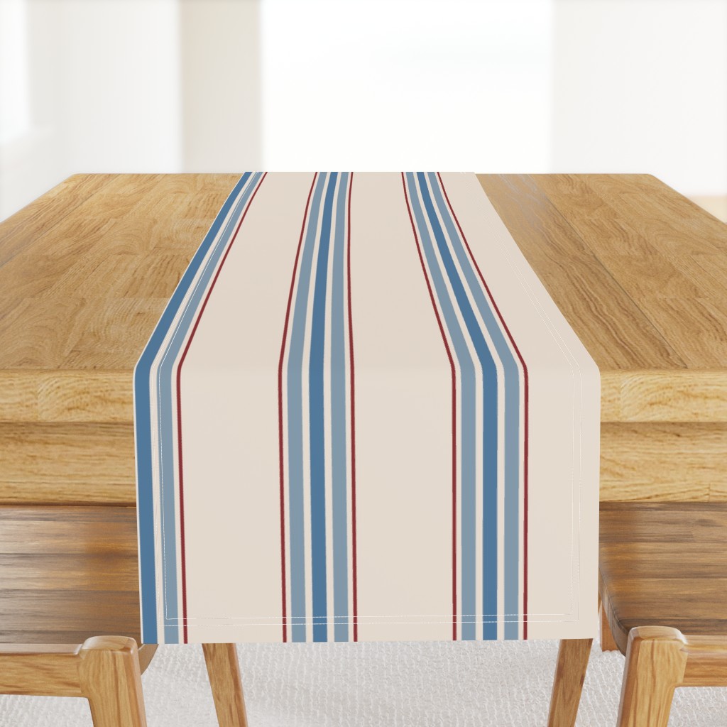 farmhouse ticking stripes in blue and red on cream