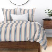 farmhouse ticking stripes in blue and red on cream