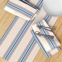 farmhouse ticking stripes in blue and red on cream