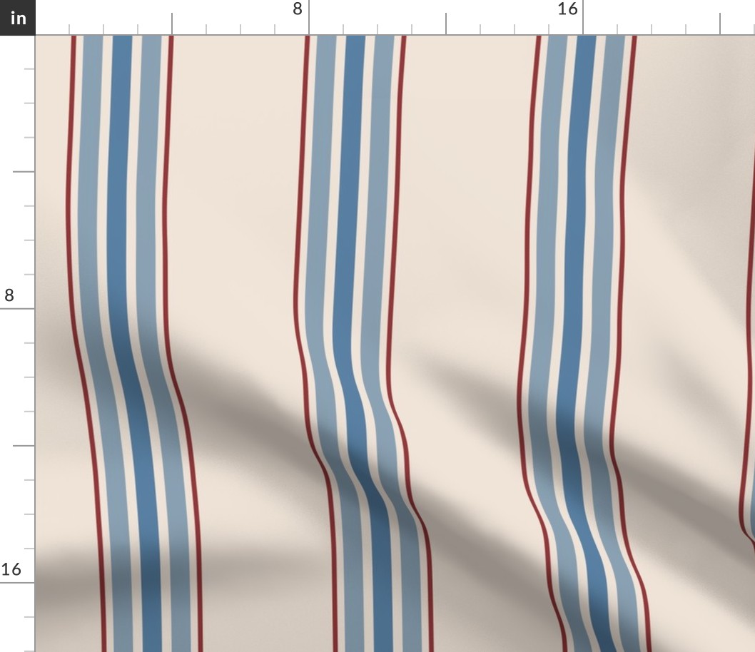 farmhouse ticking stripes in blue and red on cream