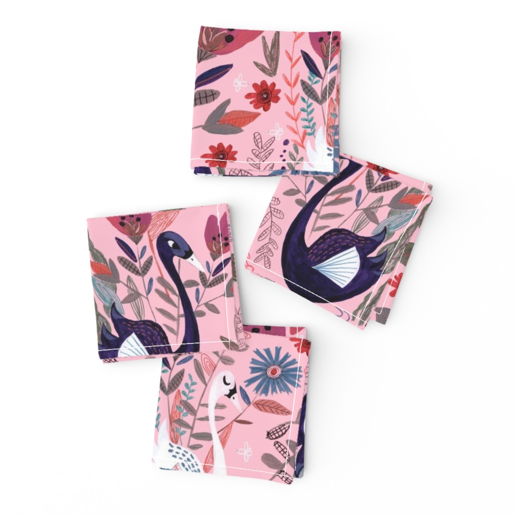 Swans // lily floral pond swans pink purple dark blue navy blue swan bird girls sweet