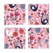 Swans // lily floral pond swans pink purple dark blue navy blue swan bird girls sweet