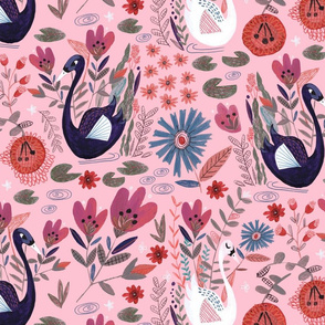 Swans // lily floral pond swans pink purple dark blue navy blue swan bird girls sweet