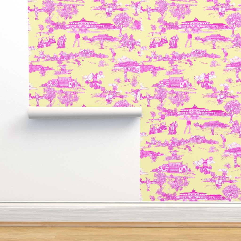 Toile-Lemon Ice and raspberry Wallpaper | Spoonflower