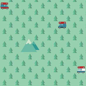 RV cars, mountains, and trees