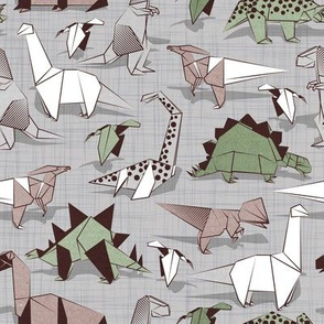 Small scale // Origami dino friends // grey linen texture background paper green dinosaurs 