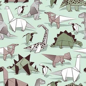 Small scale // Origami dino friends // green aqua background paper green dinosaurs 