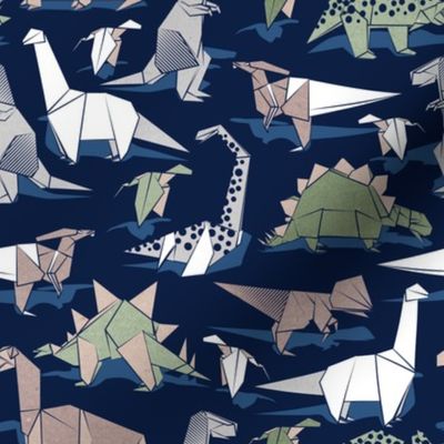 Small scale // Origami dino friends // oxford navy blue background paper green dinosaurs 