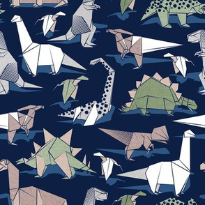 Small scale // Origami dino friends // oxford navy blue background paper green dinosaurs 