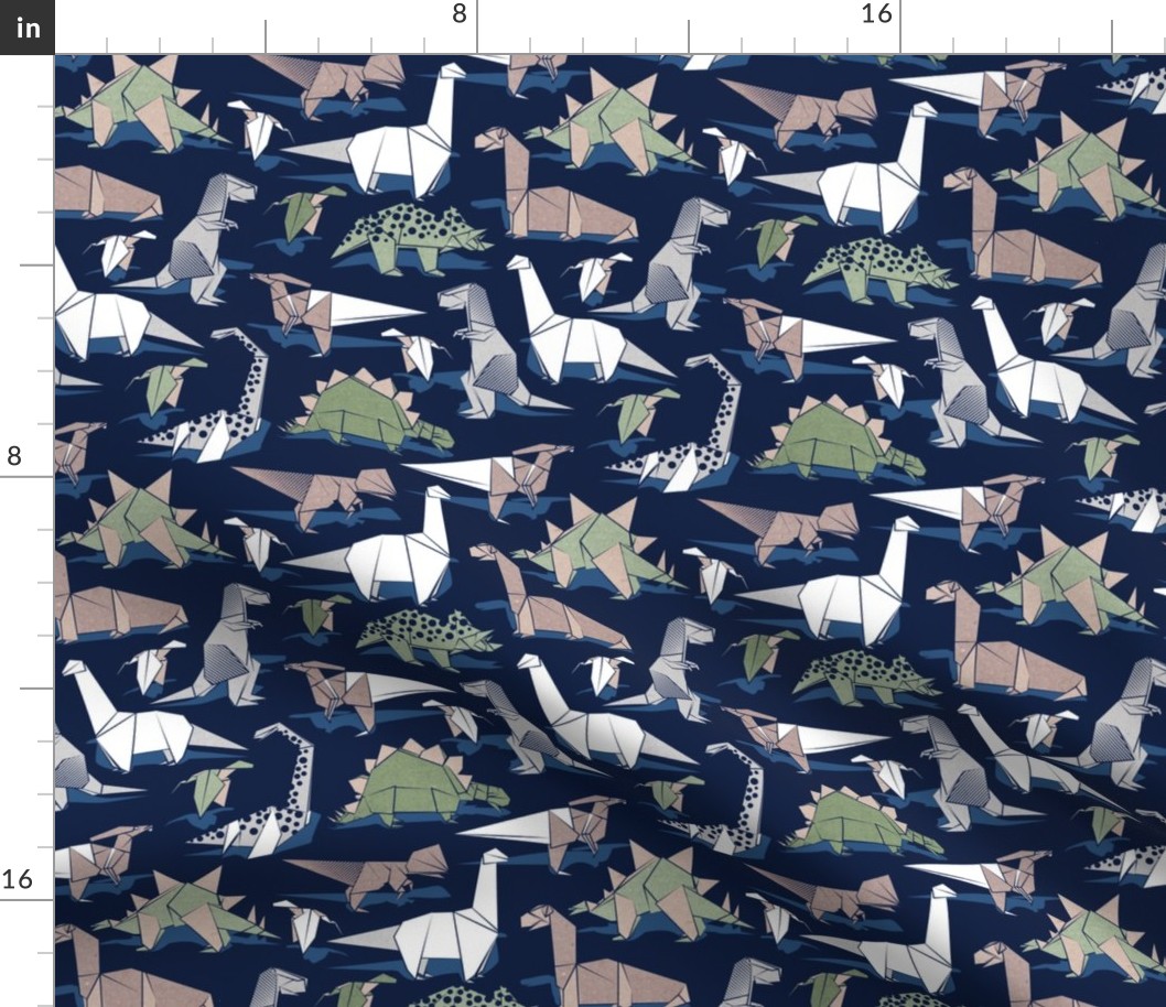 Small scale // Origami dino friends // oxford navy blue background paper green dinosaurs 