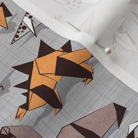 Small scale // Origami dino friends // grey linen texture background paper orange dinosaurs 