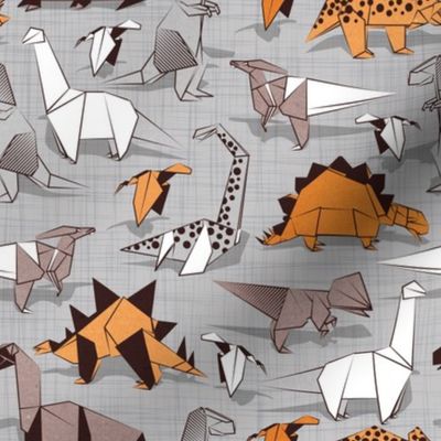 Small scale // Origami dino friends // grey linen texture background paper orange dinosaurs 