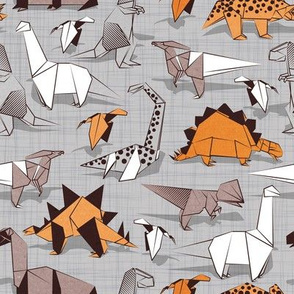 Small scale // Origami dino friends // grey linen texture background paper orange dinosaurs 