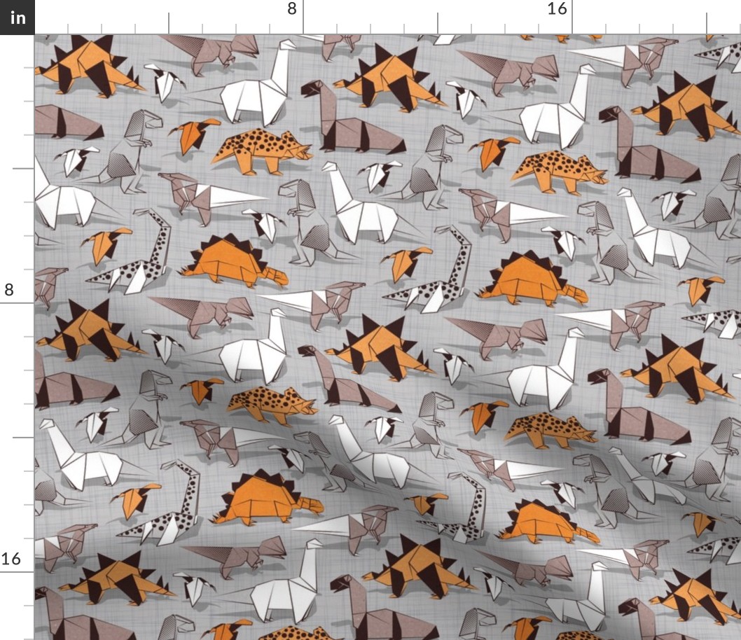 Small scale // Origami dino friends // grey linen texture background paper orange dinosaurs 