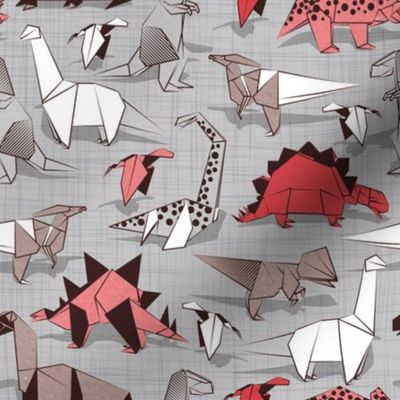 Small scale // Origami dino friends // grey linen texture background paper red dinosaurs 