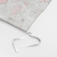 Small scale // Origami dino friends // grey linen texture background paper red dinosaurs 