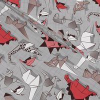 Small scale // Origami dino friends // grey linen texture background paper red dinosaurs 