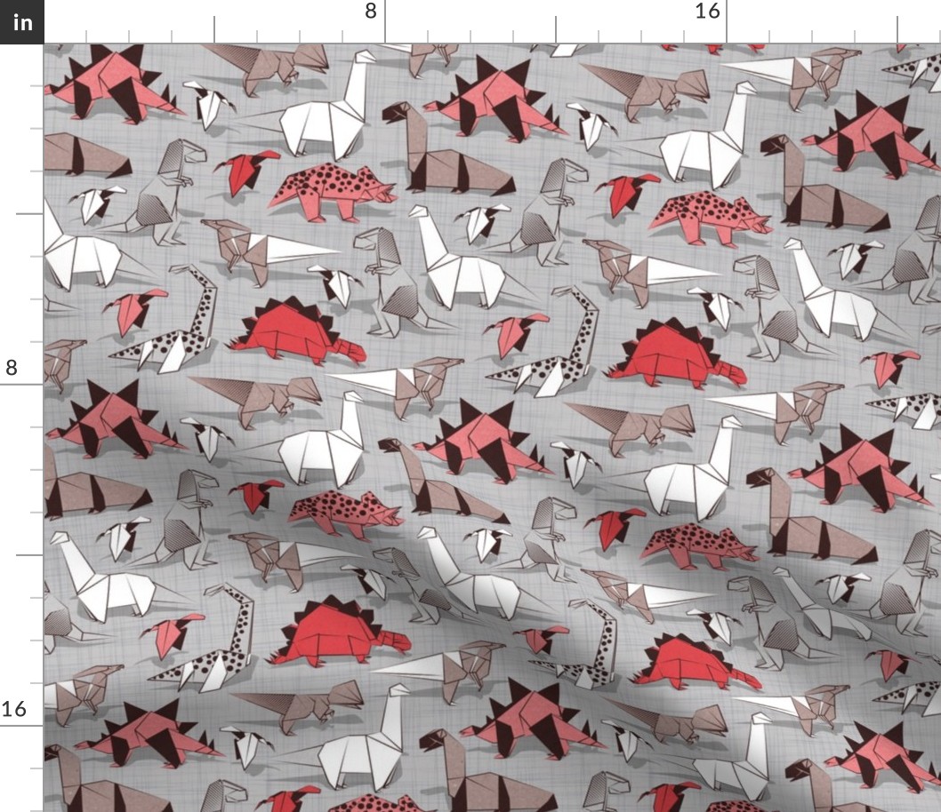 Small scale // Origami dino friends // grey linen texture background paper red dinosaurs 