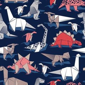 Small scale // Origami dino friends // oxford navy blue background paper red dinosaurs 