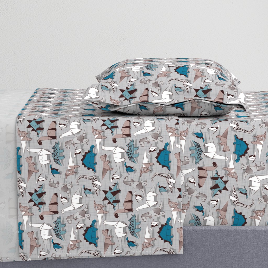 Small scale // Origami dino friends // grey linen texture background paper blue dinosaurs 
