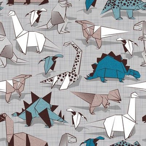 Small scale // Origami dino friends // grey linen texture background paper blue dinosaurs 