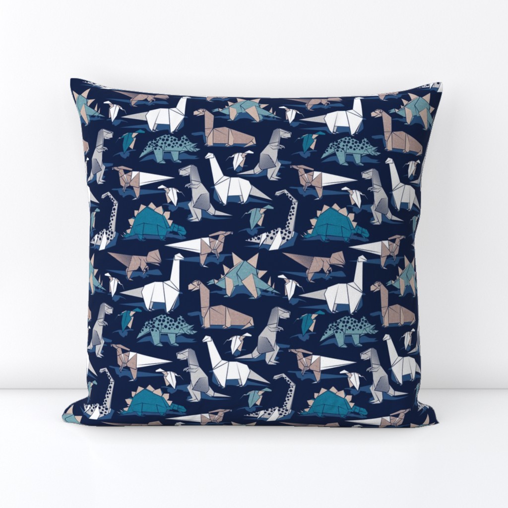 Small scale // Origami dino friends // oxford navy blue background paper blue dinosaurs 