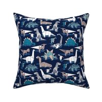 Small scale // Origami dino friends // oxford navy blue background paper blue dinosaurs 