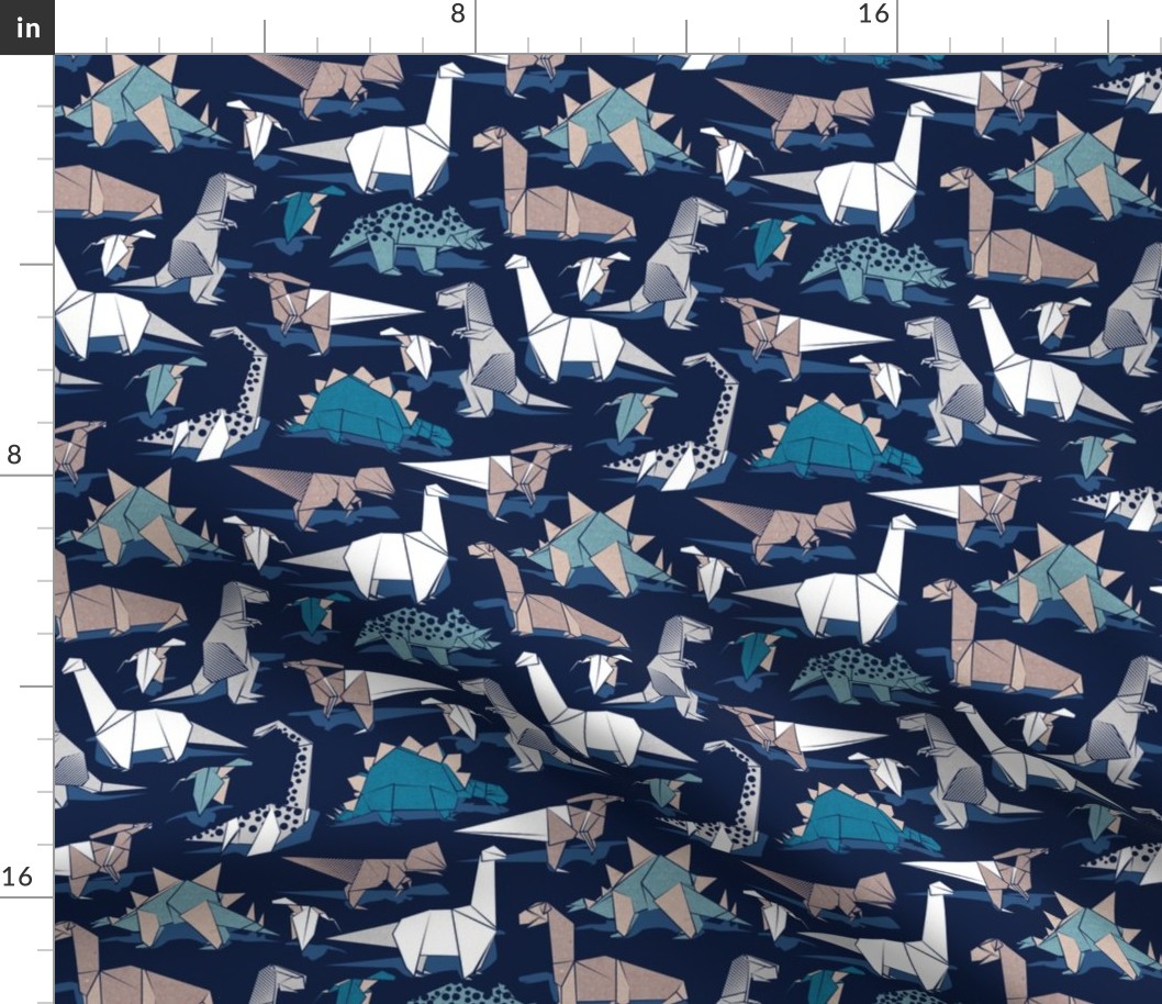 Small scale // Origami dino friends // oxford navy blue background paper blue dinosaurs 