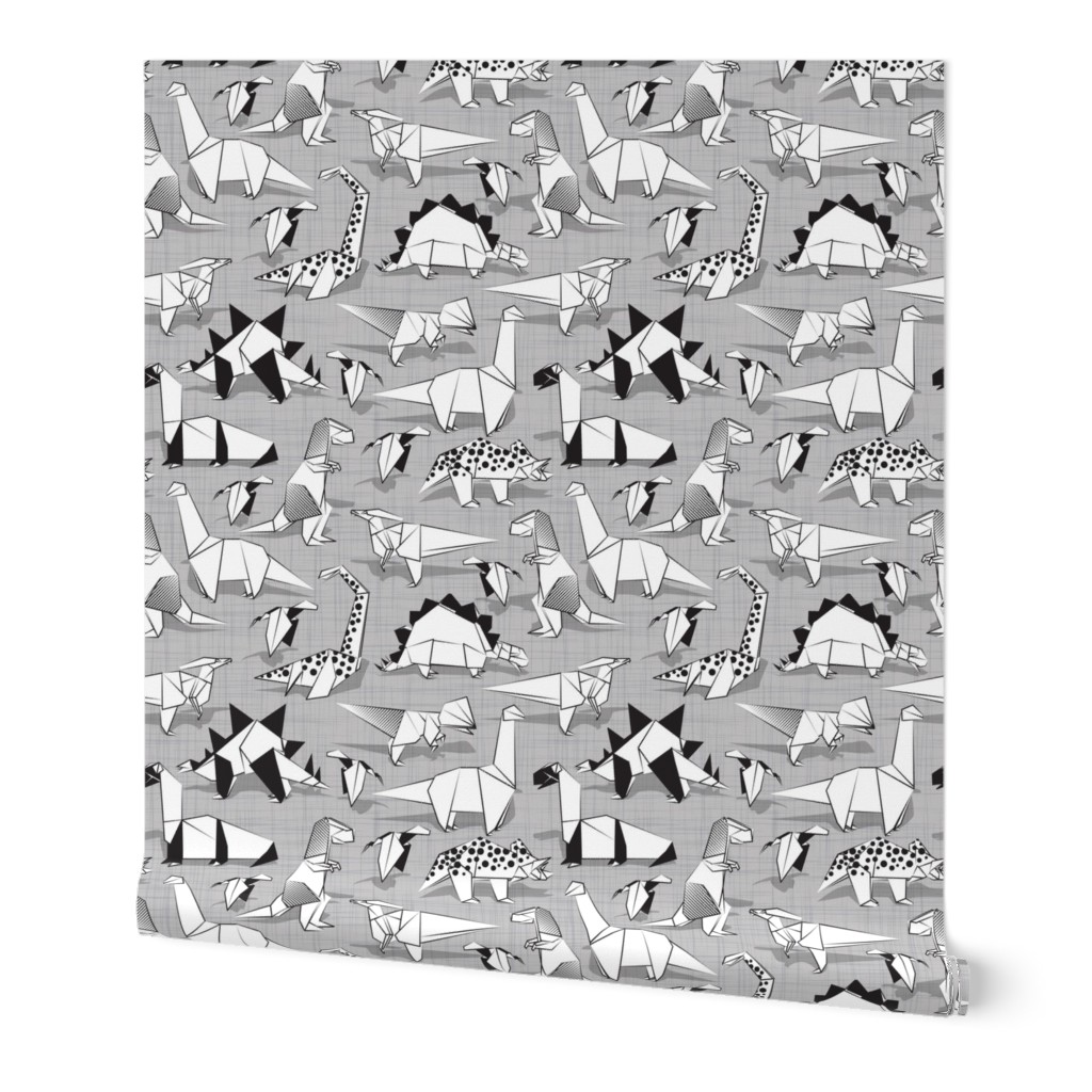Small scale // Origami dino friends // grey linen texture background paper black and white dinosaurs 