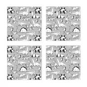 Small scale // Origami dino friends // grey linen texture background paper black and white dinosaurs 