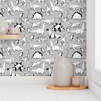 Small scale // Origami dino friends // grey linen texture background paper black and white dinosaurs 