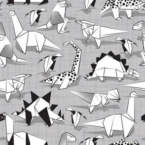Small scale // Origami dino friends // grey linen texture background paper black and white dinosaurs 