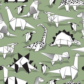 Small scale // Origami dino friends // green background black & white dinosaurs 