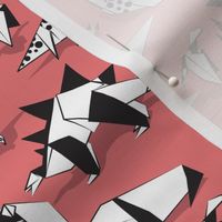 Small scale // Origami dino friends //  red pink background black & white dinosaurs 