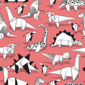Small scale // Origami dino friends //  red pink background black & white dinosaurs 