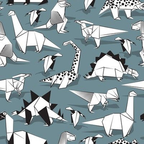 Small scale // Origami dino friends // blue grey background black & white dinosaurs 