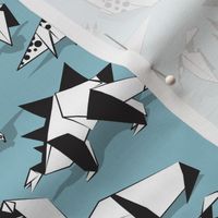 Small scale // Origami dino friends // pastel blue background black & white dinosaurs 