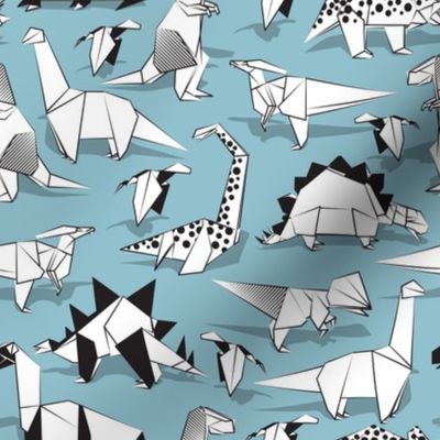 Small scale // Origami dino friends // pastel blue background black & white dinosaurs 