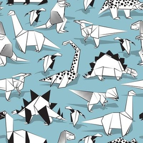Small scale // Origami dino friends // pastel blue background black & white dinosaurs 