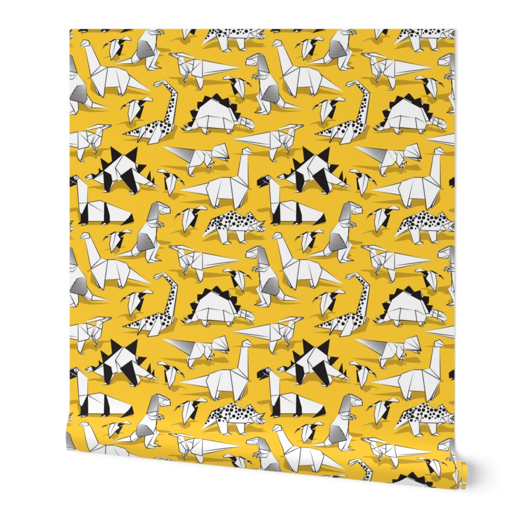 Small scale // Origami dino friends // sunglow yellow background black & white dinosaurs 