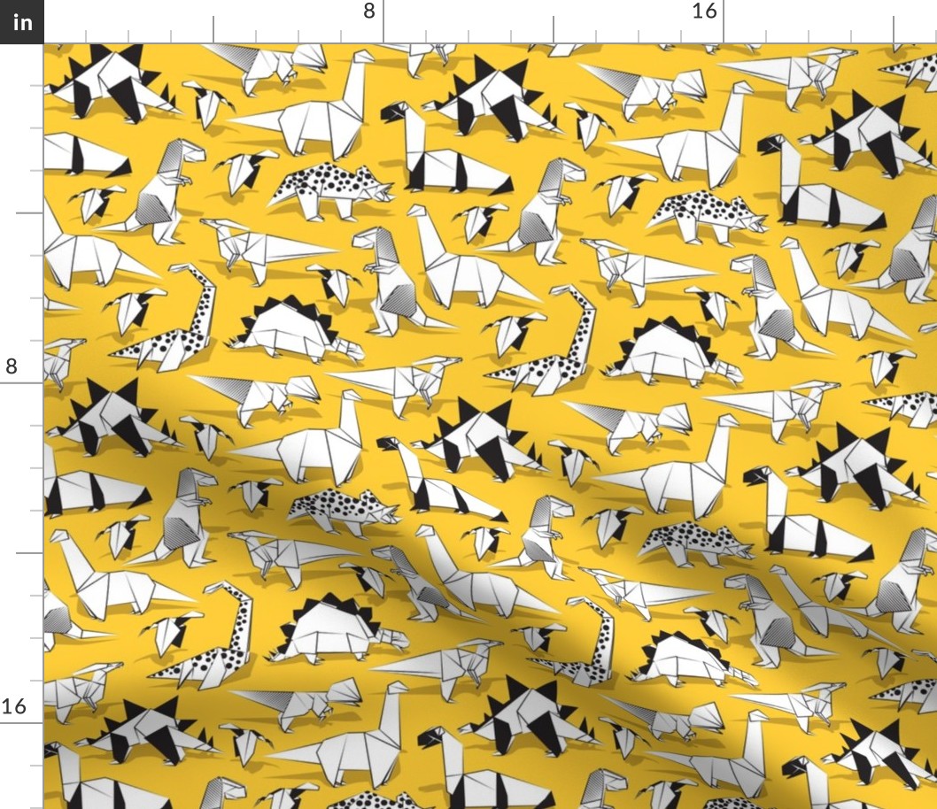 Small scale // Origami dino friends // sunglow yellow background black & white dinosaurs 